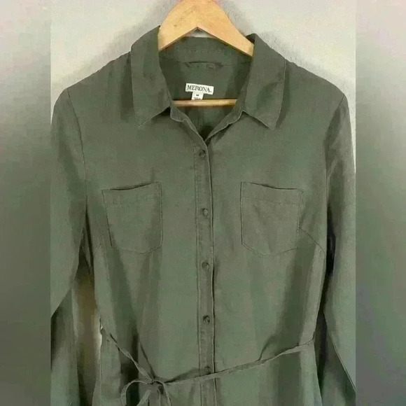 Merona Olive Green Button Down Shirt Dress Women's Medium - Picture 2 of 7